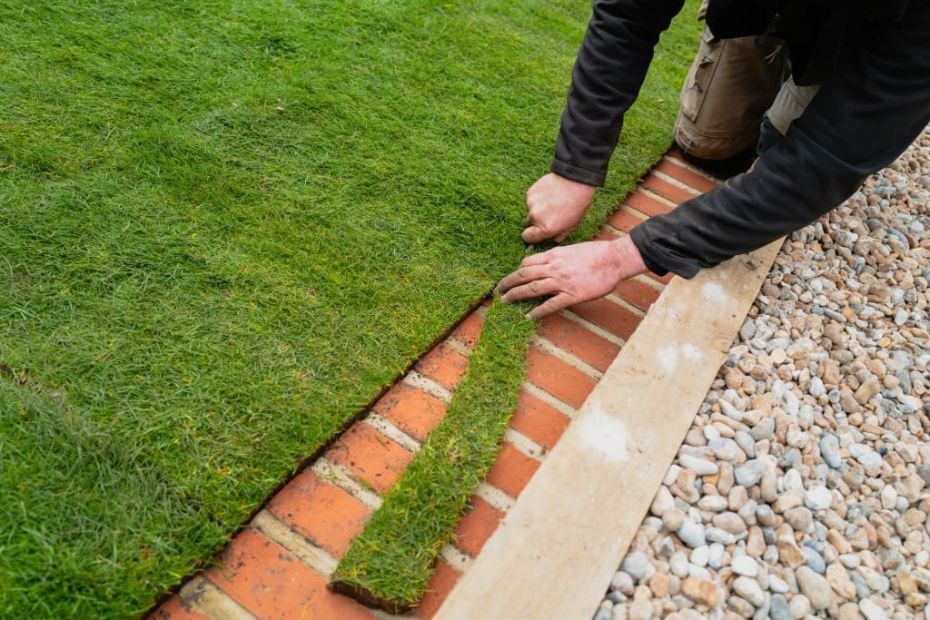 Close-up of a worker precisely aligning turf grass strips along a brick border during lawn installation for clean landscaping.