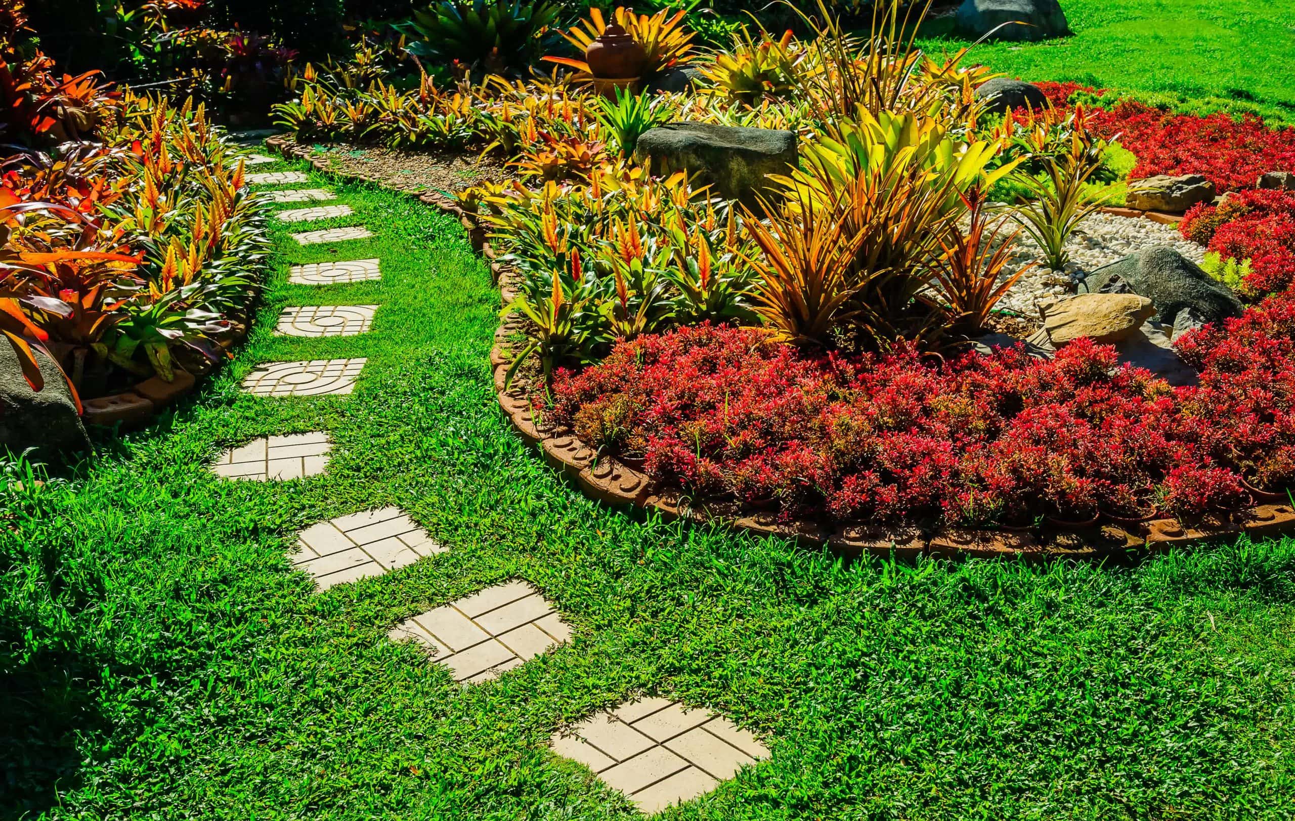 Vibrant garden pathway with stepping stones, colorful tropical plants, and lush green grass in bright sunlight.