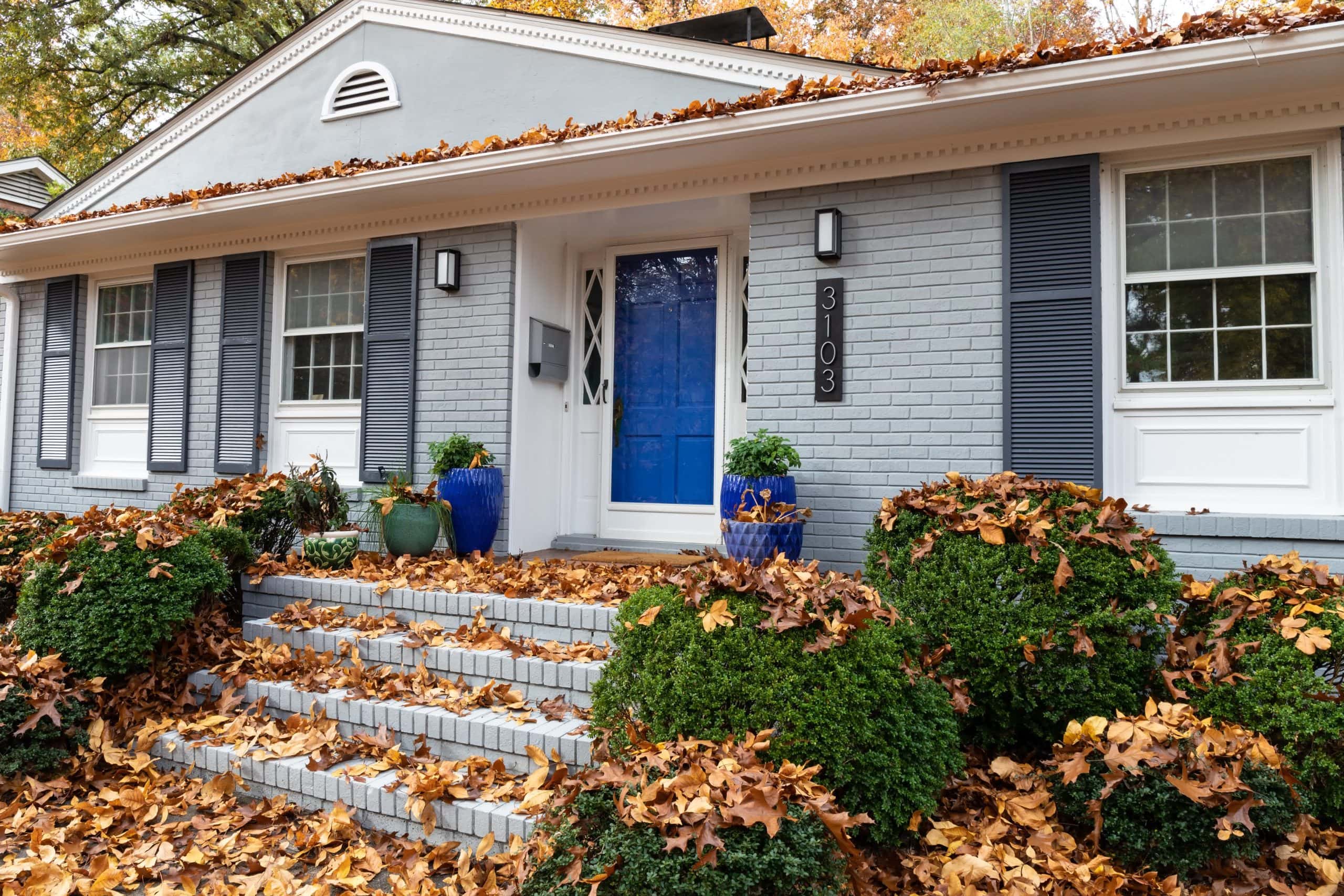 House entrance with a blue door and fallen autumn leaves covering the steps, showcasing seasonal landscaping and curb appeal.